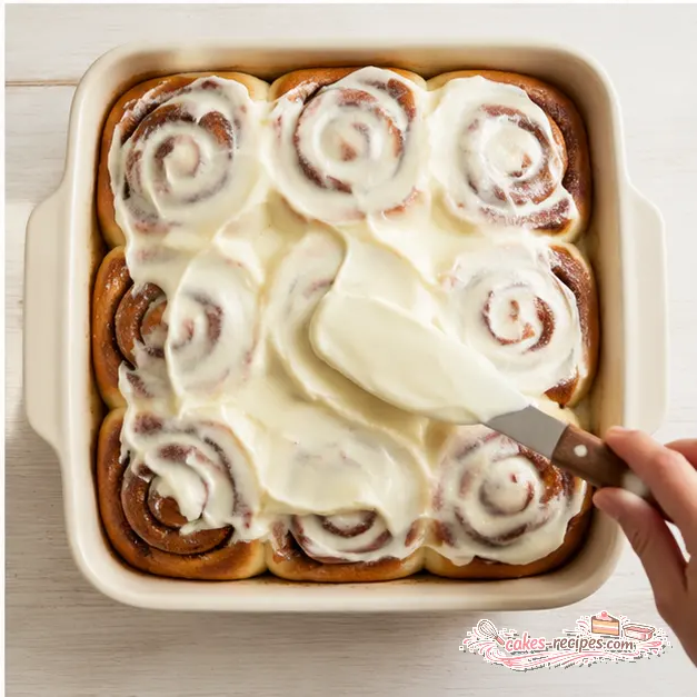 Baking the rolls and spreading the cream cheese frosting