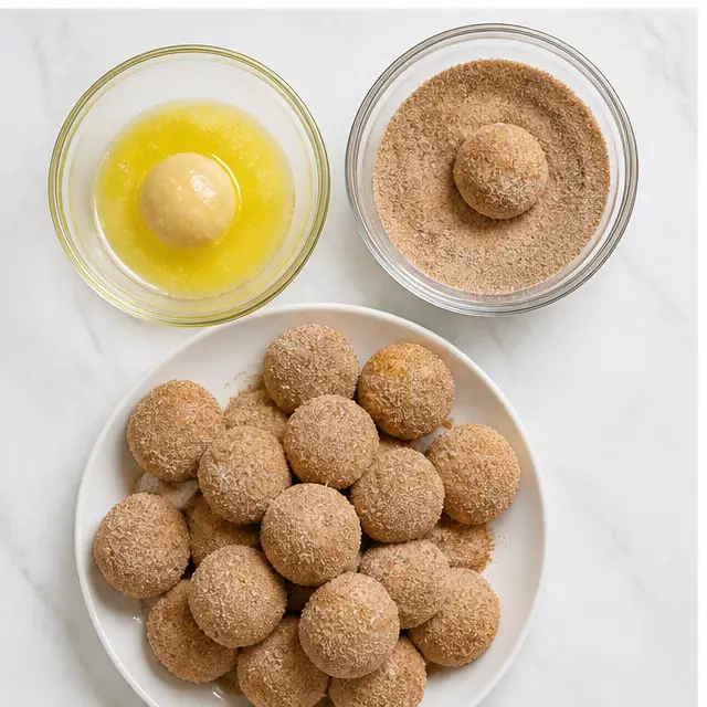 Step 3: Dip and coat each dough ball in cinnamon sugar