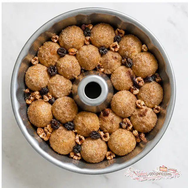 Step 4: Layer the coated balls in the Bundt pan with raisins and pecans