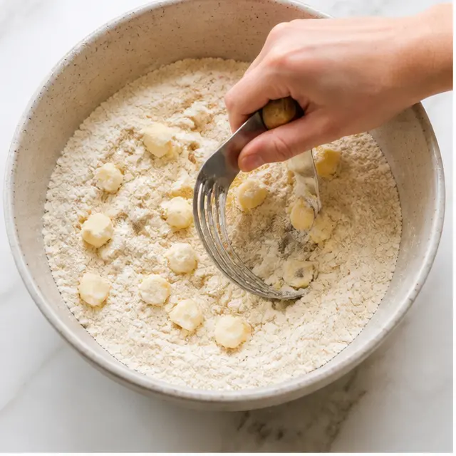 Step 1: Cut cold butter into the flour mixture until coarse crumbs form