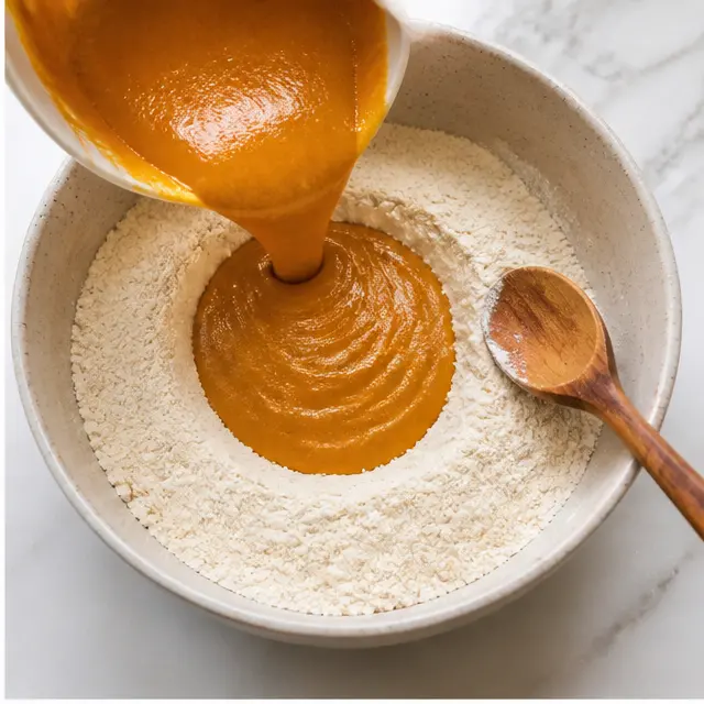 Step 2: Pour the wet pumpkin mixture into the dry ingredients and stir until just combined