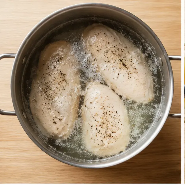 Simmering chicken fillets in a pot with salted water