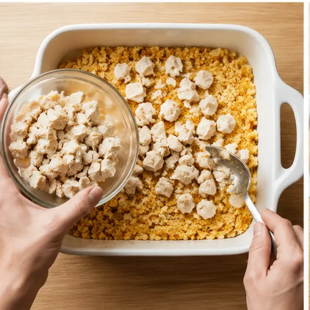 Layering buttered cornbread crumbs and chopped chicken in a baking dish