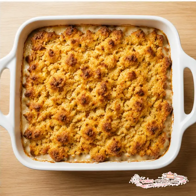 Baked casserole with golden crispy cornbread top