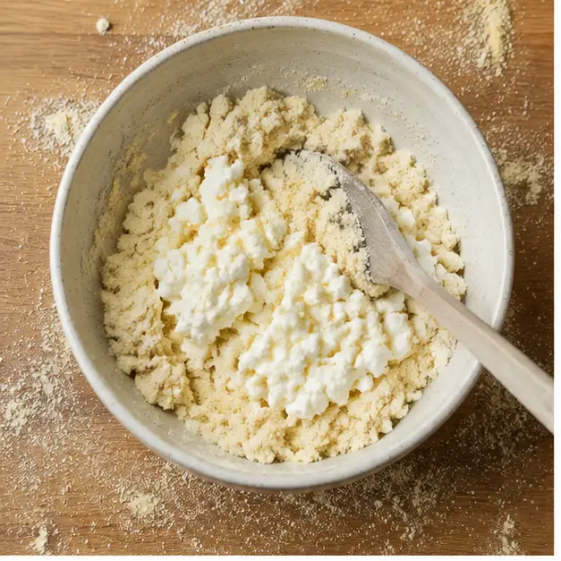 Step 1: Stirring cottage cheese into almond flour to make dough