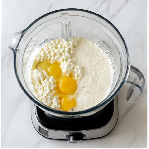 Step 1: Blending cottage cheese and eggs into smooth batter