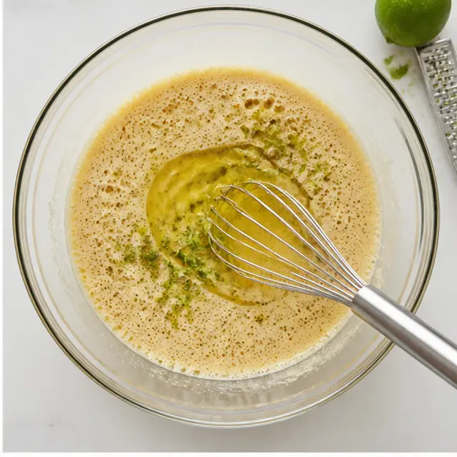 Step 2: Beat eggs and brown sugar until frothy, then whisk in oil and lime