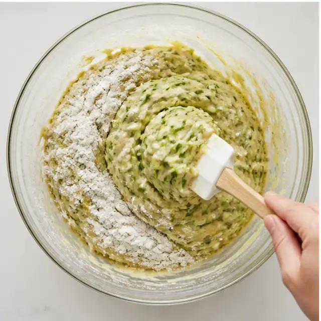 Step 3: Fold the flour mixture and grated zucchini gently into the batter