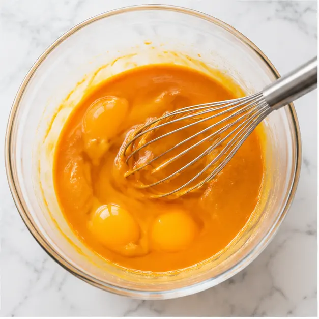 Whisk the wet mixture of eggs, pumpkin puree, and oil