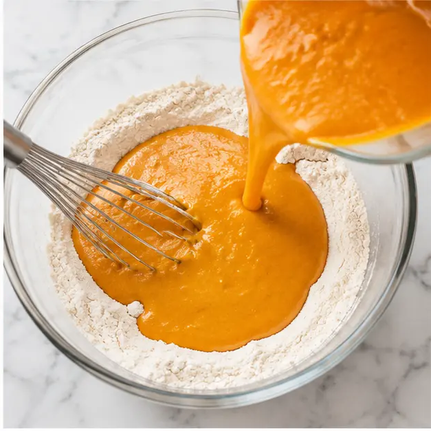 Pour the wet mixture into the dry flour mixture