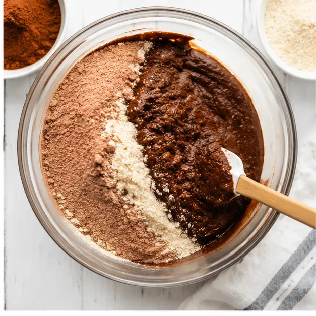 Stir the dry ingredients into the wet mixture until just combined