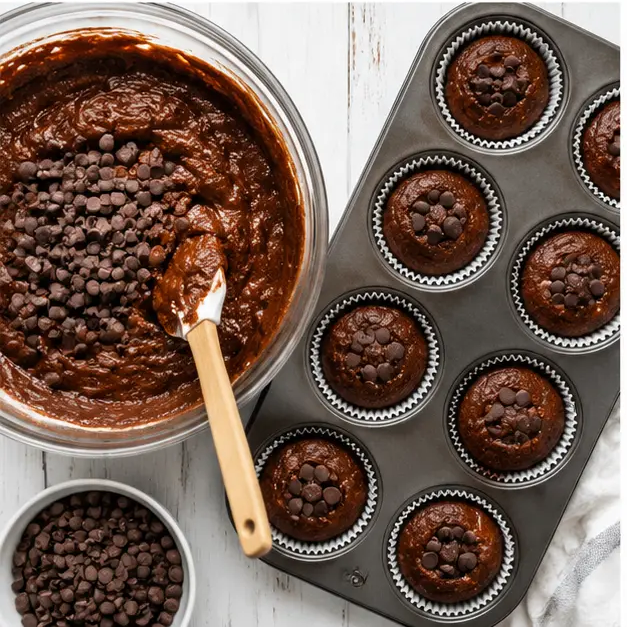 Fold in the dark chocolate chips and fill the muffin liners