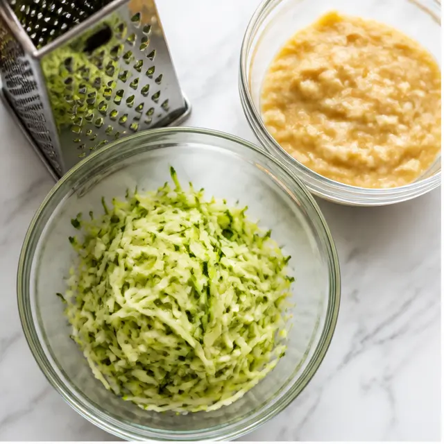 Grating fresh zucchini and mashing ripe banana