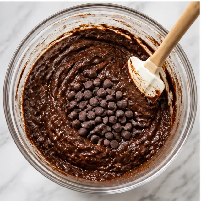 Folding chocolate chips into the dark batter