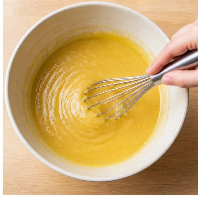 Whisk eggs, sugar and melted butter into a glossy batter