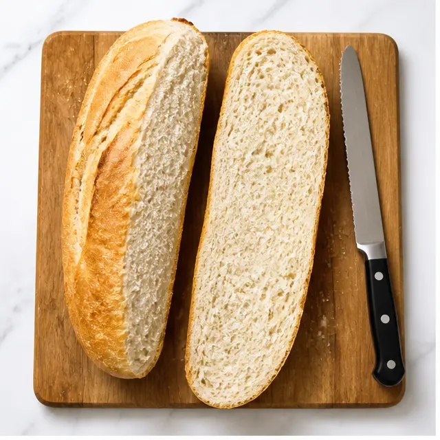 Step 1: Slicing the crusty Italian loaf in half lengthwise