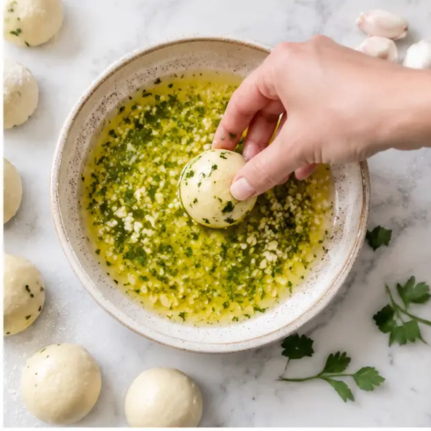 Dip each dough ball into melted garlic herb butter