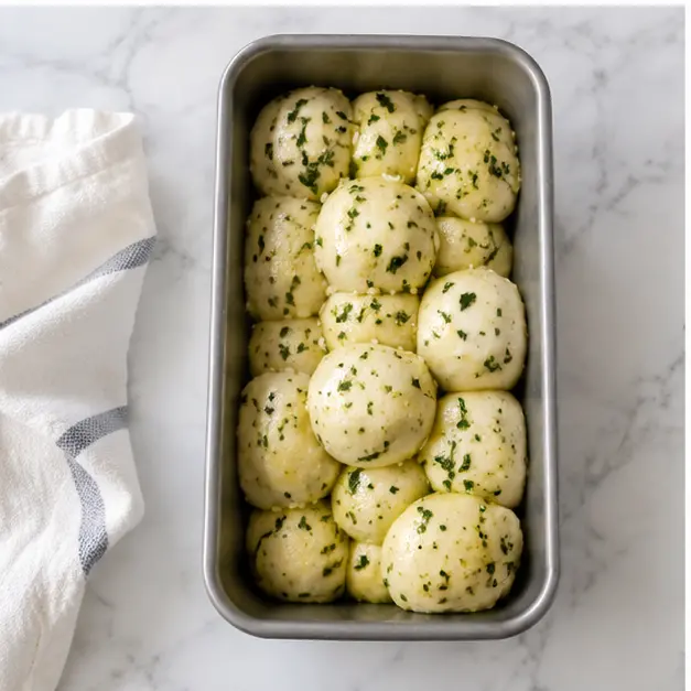 Stack buttered dough balls into an ungreased loaf pan