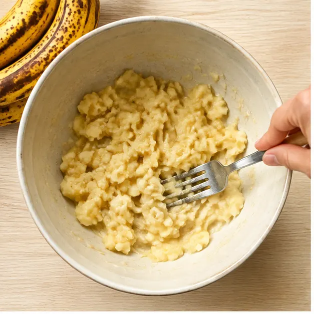 Step 1: Mashing ripe bananas with a fork in a large mixing bowl