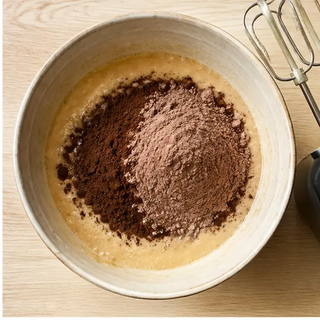 Step 2: Adding cocoa powder and chocolate protein powder to the wet batter