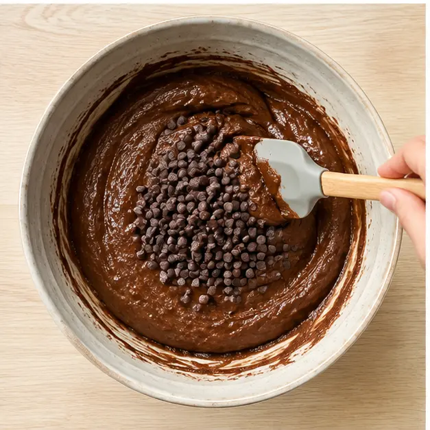 Step 3: Folding mini chocolate chips into the glossy dark chocolate batter