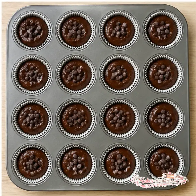 Step 4: Filling lined muffin cups three-quarters full and sprinkling with chocolate chips