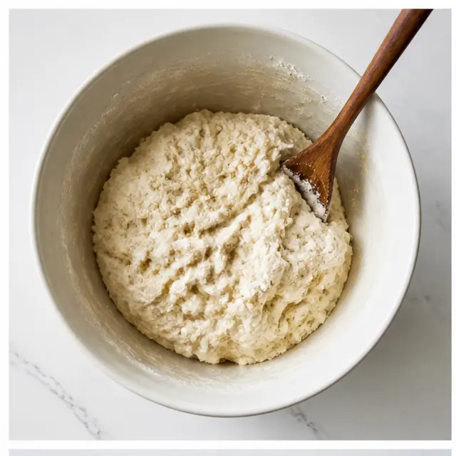 Mix sticky dough with a wooden spoon