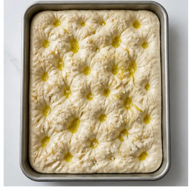 Stretch, dimple, and top the dough in the pan