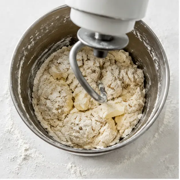 Step 1: Mixing shaggy wet dough in a stand mixer bowl with dough hook
