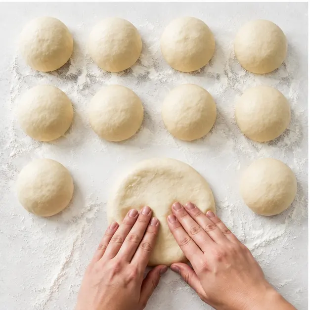 Step 3: Dividing and shaping dough into 12 even rounds on a floured surface
