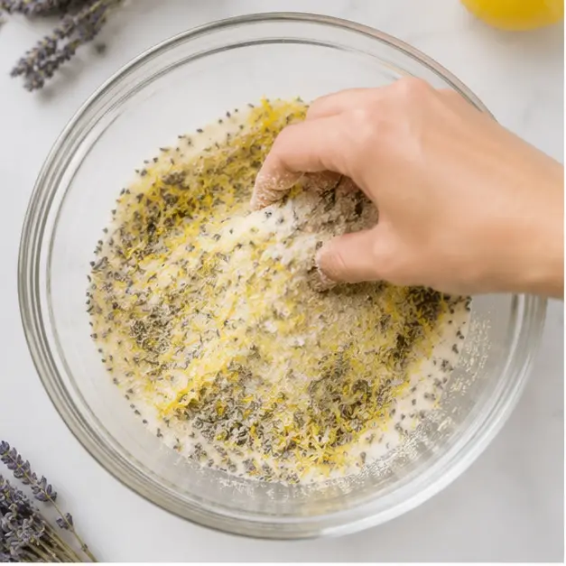 Step 1: Rubbing lavender and lemon zest into sugar