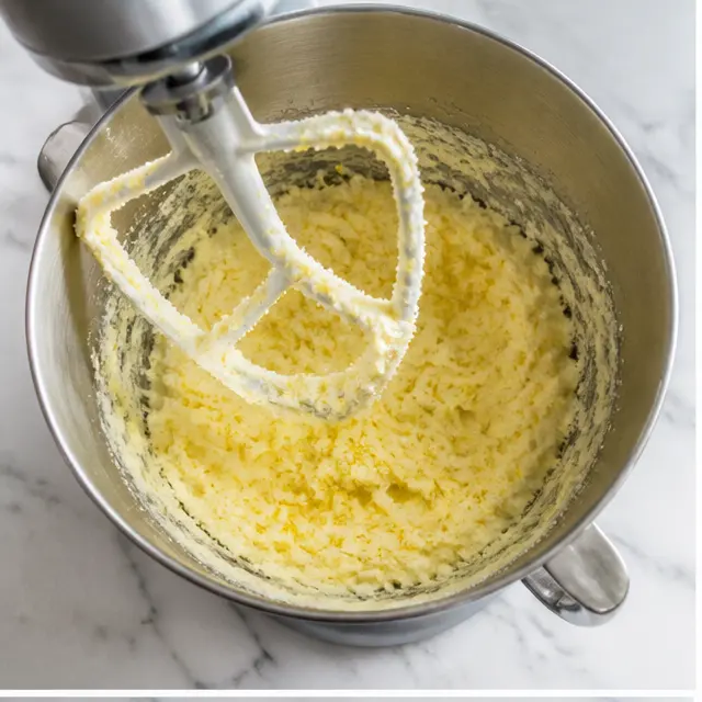 Step 1: Creaming softened butter, sugar, and Meyer lemon zest until pale and smooth