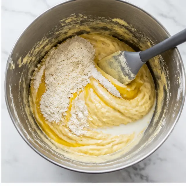 Step 2: Adding the flour mixture alternately with lemon curd and whole milk into a tender batter