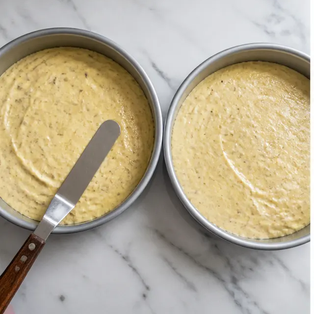 Step 3: Dividing the batter between two parchment-lined round pans and baking until golden