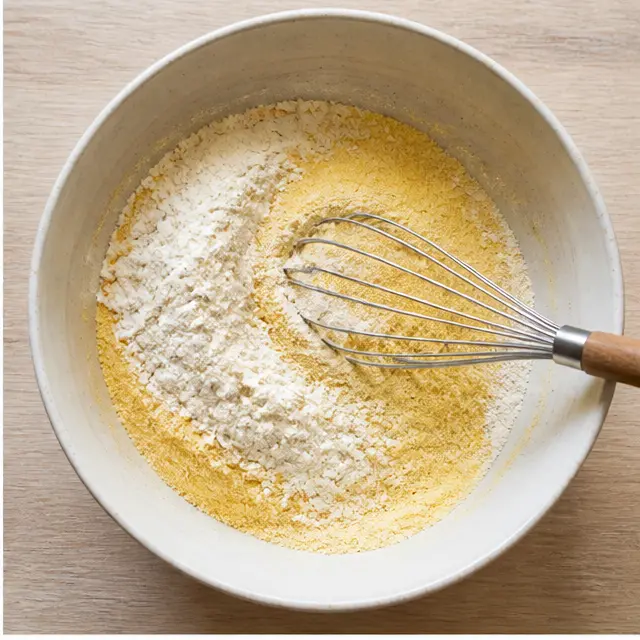 Step 2: Whisk flour, cornmeal, baking powder, and salt together