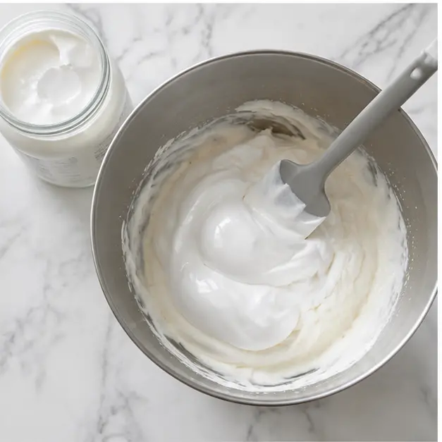 Step 3: Folding marshmallow fluff, sifted sugar, and vanilla into the cream