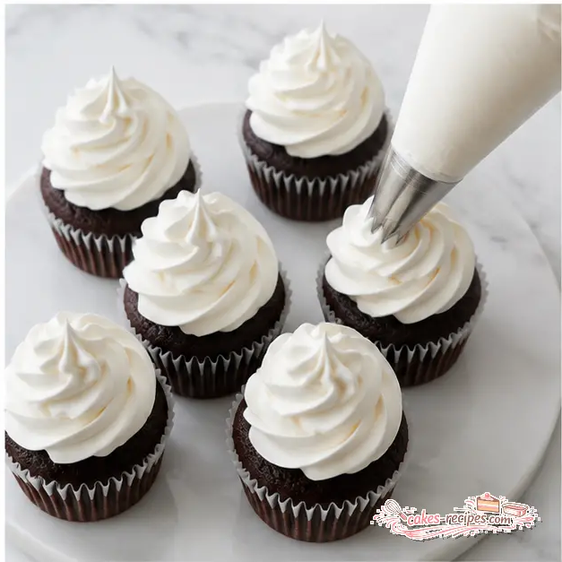 Step 4: Piping chilled marshmallow buttercream frosting into tall swirls