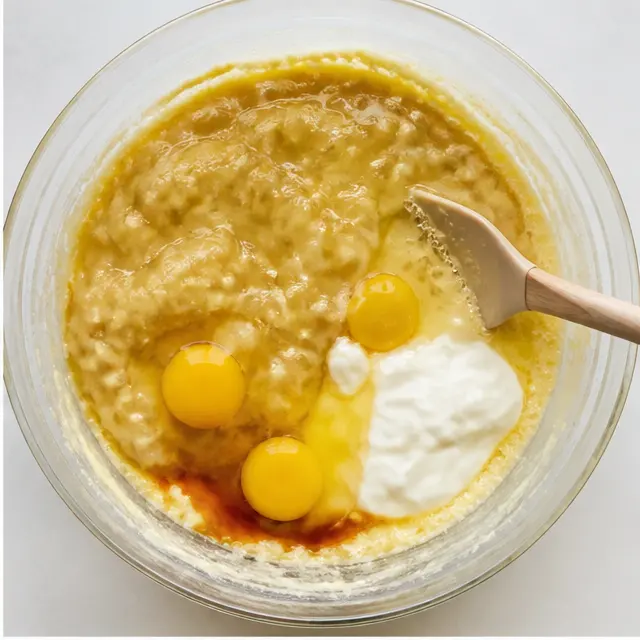 Step 2: Mixing in eggs, bananas, and sour cream until smooth