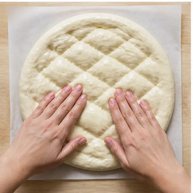 Pressing the diamond indentations into the shaped pide with open palms