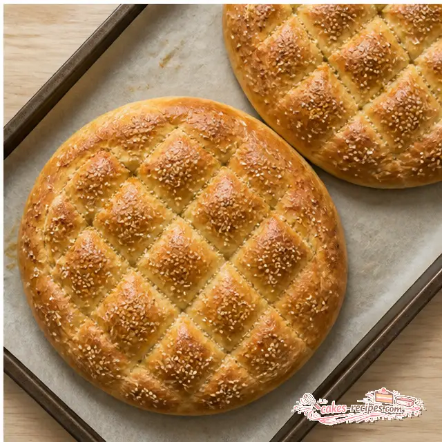 Pulling golden baked pide loaves with a sesame seed crust from the oven