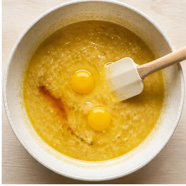 Step 2: stir in melted butter, sugar, eggs, and vanilla