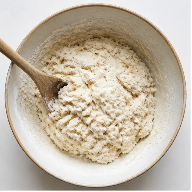 Step 1: Whisking dry ingredients and stirring in cool water to form a shaggy dough