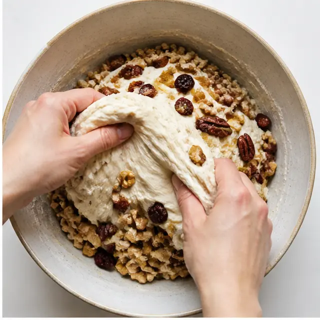 Step 2: Folding chopped walnuts, pecans, golden raisins and cranberries into the dough with wet hands