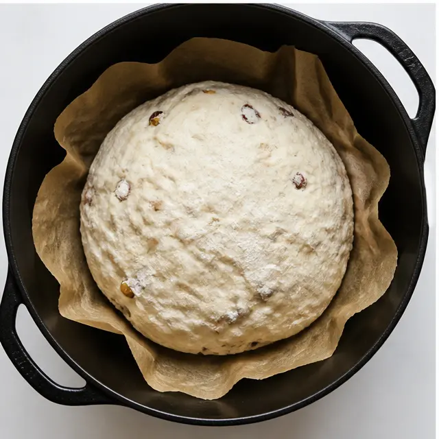 Step 3: Shaping the rested dough into a round loaf on parchment inside the Dutch oven