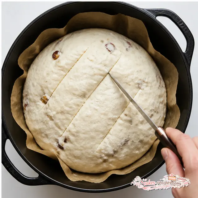 Step 4: Scoring three shallow slashes across the risen loaf before baking