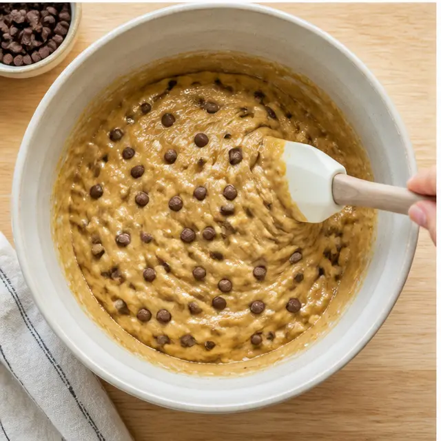 Folding chocolate chips into the thick batter with a rubber spatula