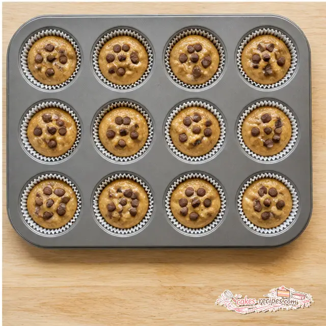 Scooping batter into lined muffin cups with extra chocolate chips on top, ready to bake