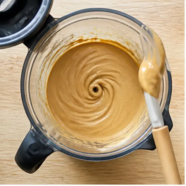 Step 1: Blend bananas, peanut butter, eggs, honey, protein powder, vanilla, baking powder, and salt until smooth.
