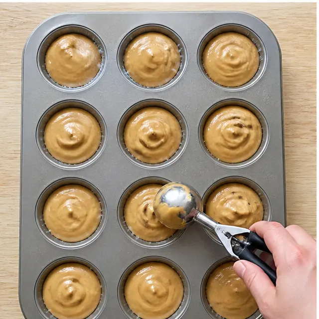 Step 3: Scoop the thick, glossy batter evenly into a greased 12-cup muffin tin.
