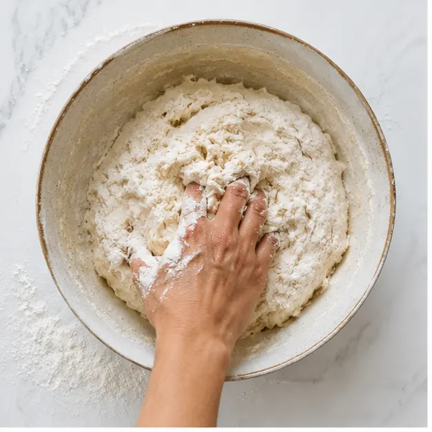 Step 1: Mixing the soft, sticky sourdough dough by hand in a large ceramic bowl